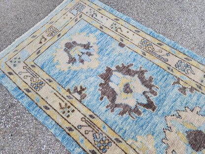 Oushak Wool Runner 3x11: Patina Blue Turkish Entry Rug, Oriental Home Decor