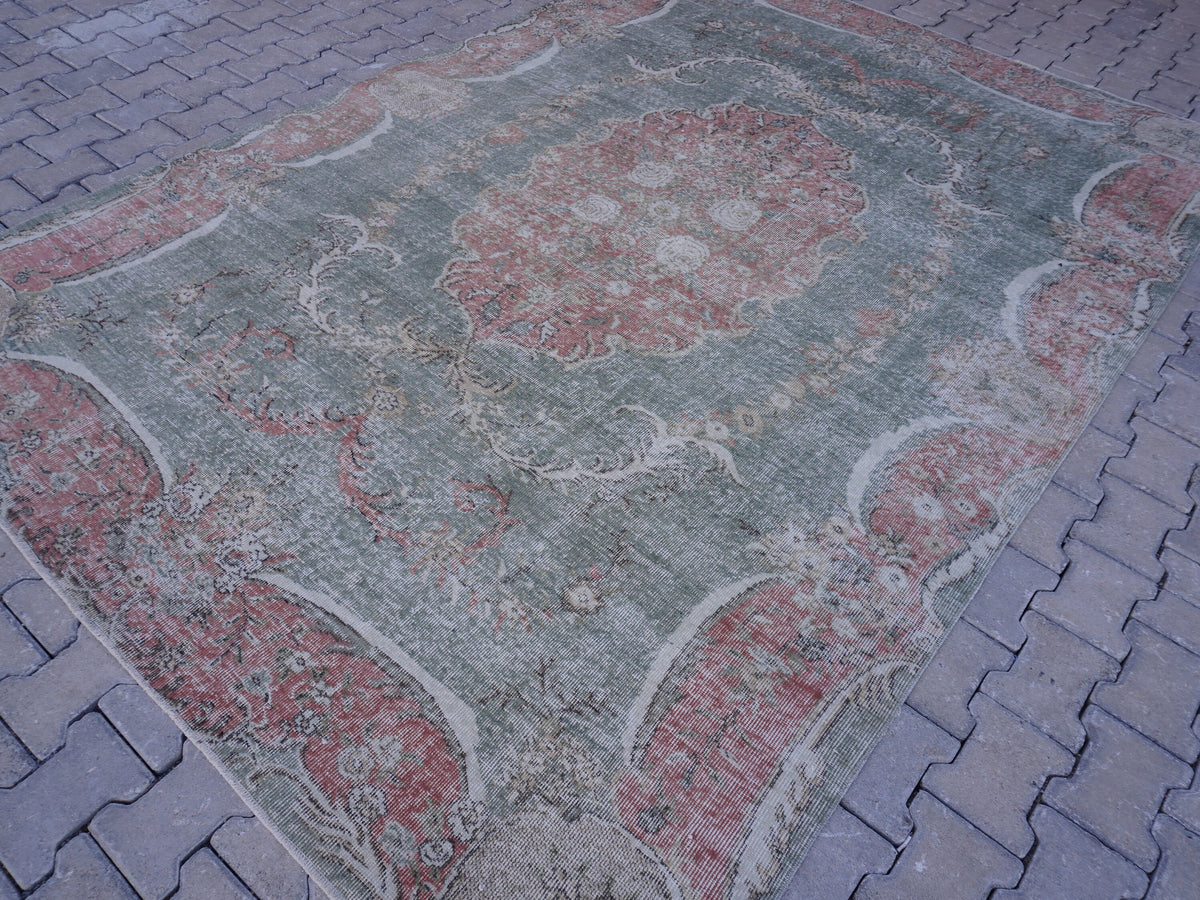 7x10 Handwoven Turkish Rug: Green Wool & Cotton Blend, Home Bohemian Decor