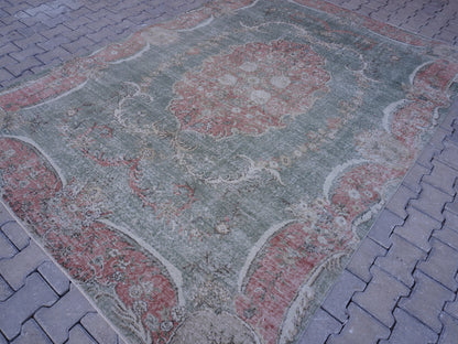 7x10 Handwoven Turkish Rug: Green Wool & Cotton Blend, Home Bohemian Decor
