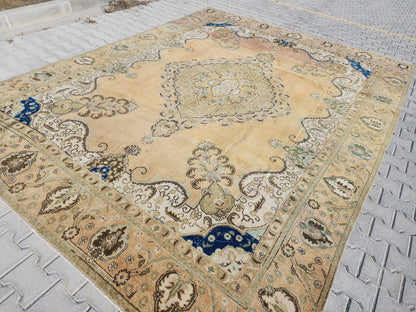 Neutral Rustic Rug 9x12: Medallion Persian Design, Hand Knotted, Rustic Bohemian Decor