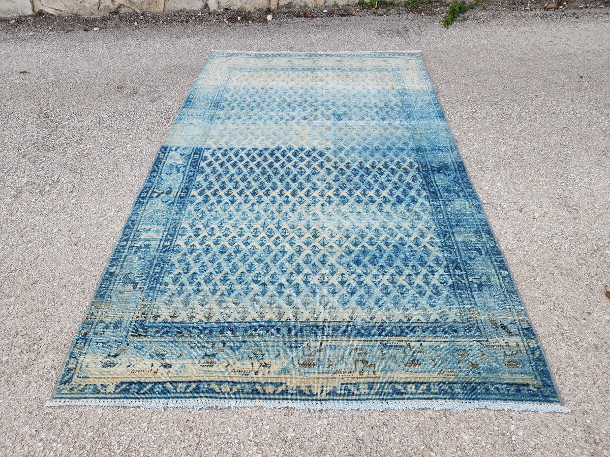 Handwoven Turkish Wool Rug 4x7: Blue Rustic Farmhouse Decor