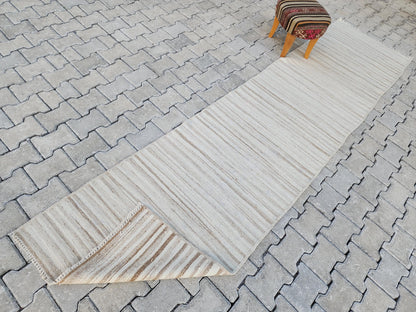 Neutral Turkish Kilim Runner Rug: 2.7x12, Handwoven Wool