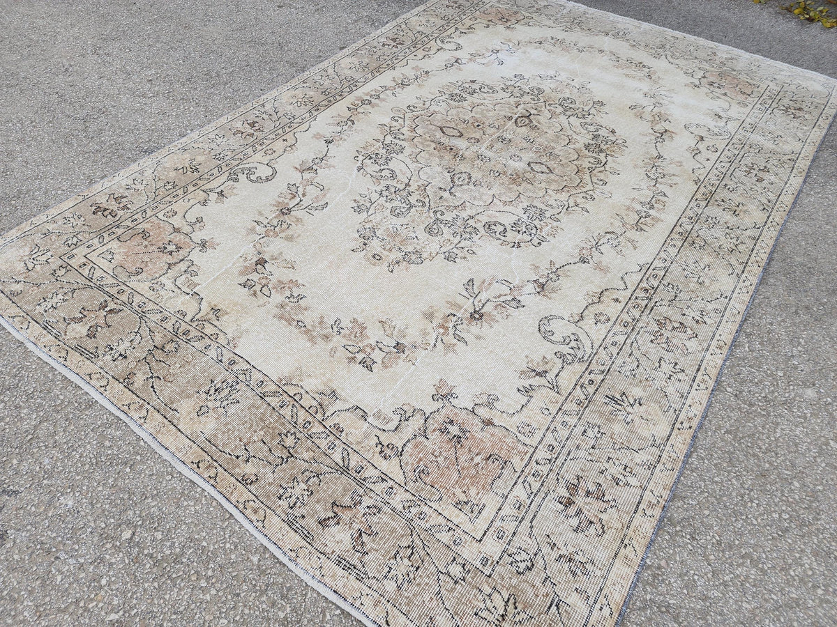 6x9 Hand Made Oushak Rug: Beige and Brown, Rustic Decor, Turkish Wool Rug