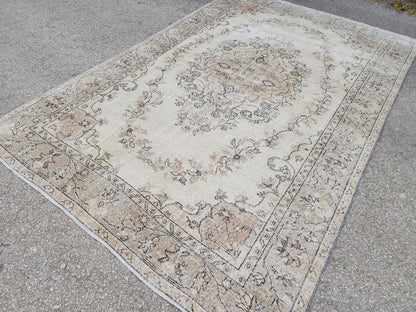6x9 Hand Made Oushak Rug: Beige and Brown, Rustic Decor, Turkish Wool Rug