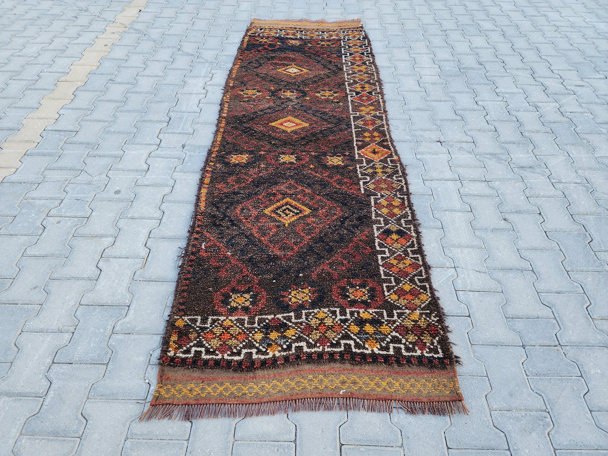 3x9 Vintage Herki Wool Runner Rug: Turkish Bohemian Hallway Rug