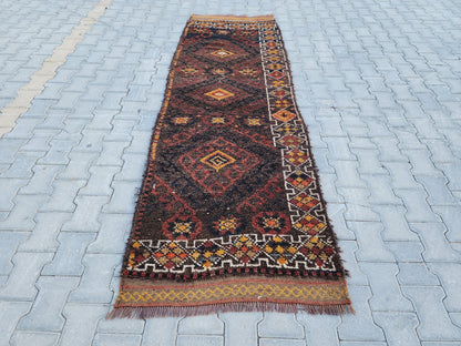 3x9 Vintage Herki Wool Runner Rug: Turkish Bohemian Hallway Rug