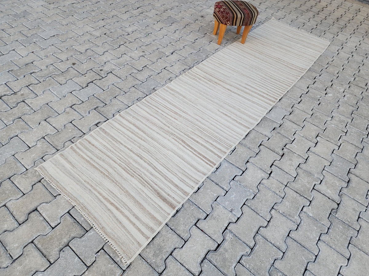 2.7x11, Neutral Wool ,Handwoven Turkish Kilim Runner Rug, Rustic Vintage Kilim
