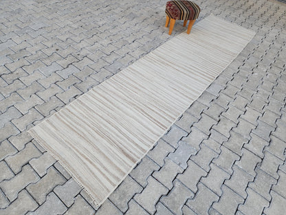 2.7x11, Neutral Wool ,Handwoven Turkish Kilim Runner Rug, Rustic Vintage Kilim