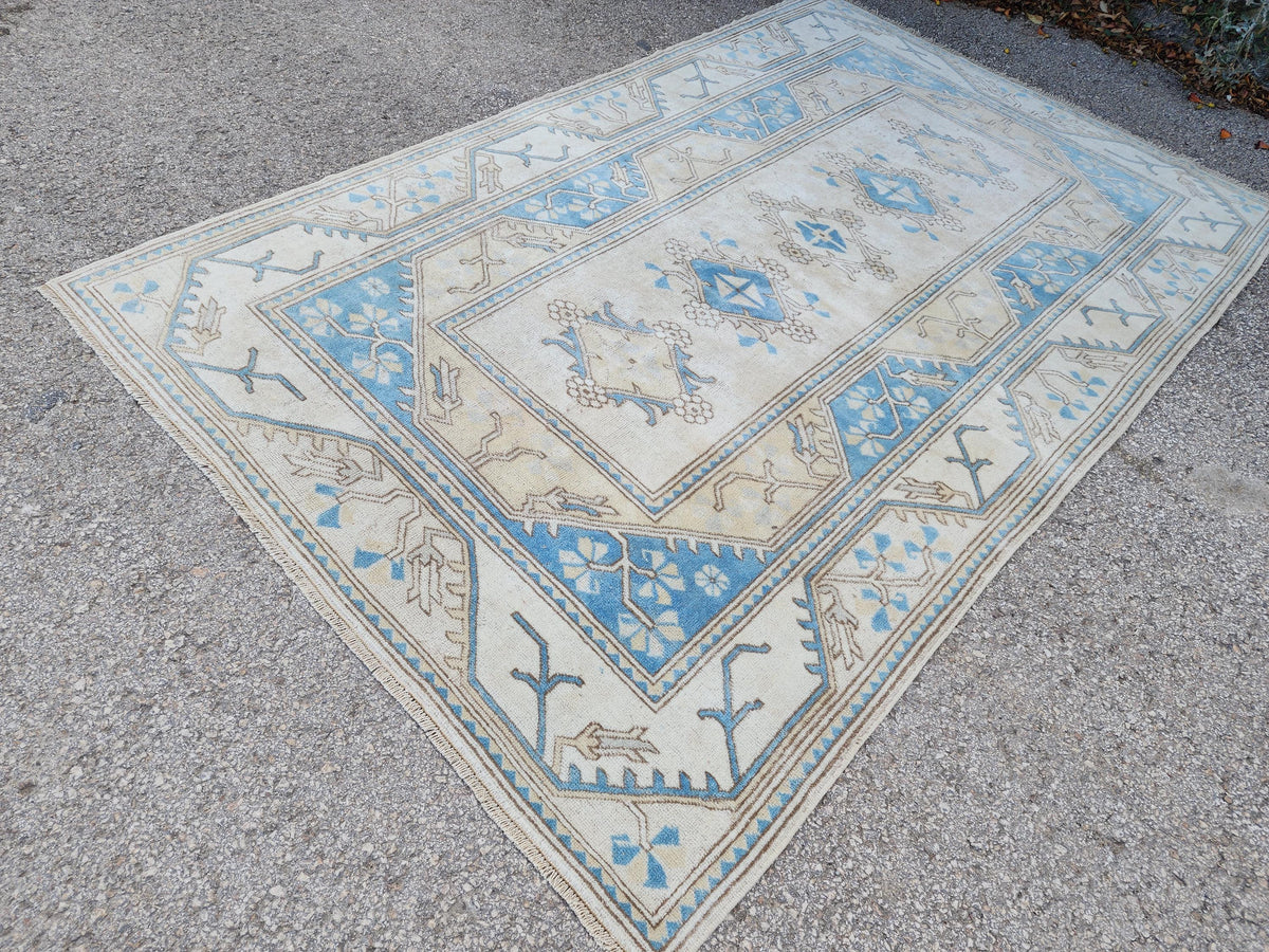5x8 Neutral Soft Blue Rug, Turkish Hand Made Beige Carpet, Dining Room Boho Decor