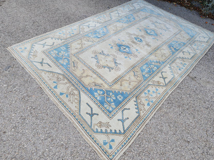 5x8 Neutral Soft Blue Rug, Turkish Hand Made Beige Carpet, Dining Room Boho Decor