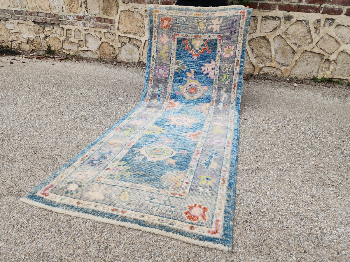 3x6 Handwoven Wool Oushak Runner Rug: Boho Patina Blue Home Textiles