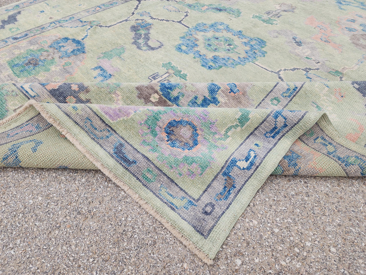 8x10 Oushak Rug: Eco Friendly Carpet,Handwoven Turkish Wool, Pastel Green Vintage Style