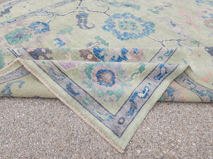 8x10 Oushak Rug: Eco Friendly Carpet,Handwoven Turkish Wool, Pastel Green Vintage Style