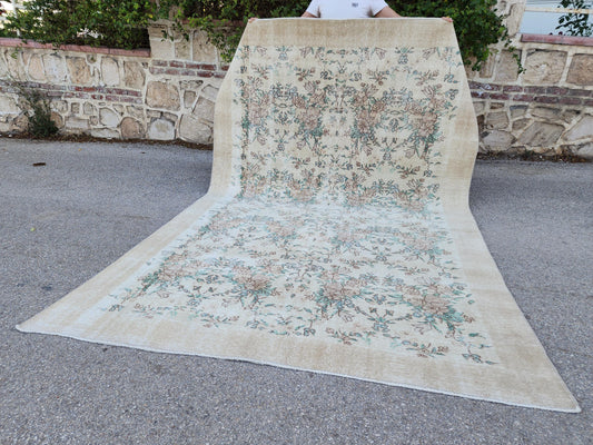 6x10 Vintage Turkish Rug: Wool & Cotton Green Decor, Dining Room Decor