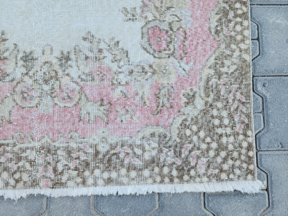 Handwoven Turkish Oushak Rug 4x7: Pink Rose Wool Rug