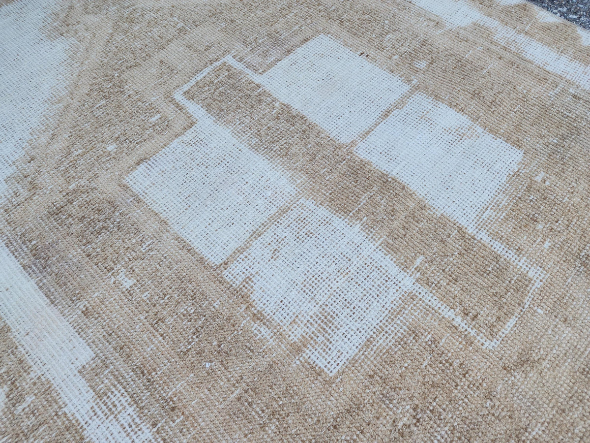 3x12 Neutral Runner Rug, Geometric Turkish Hand Made Design, Beige and White