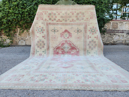 Neutral Wool Rug 6x8, Living Room Soft Design, Turkish Hand Made Vintage Carpet