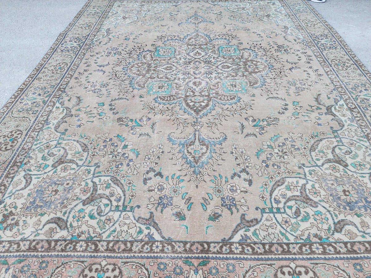 Vintage Neutral Area Rug 9x13: Persian Medallion Design, Brown and Green