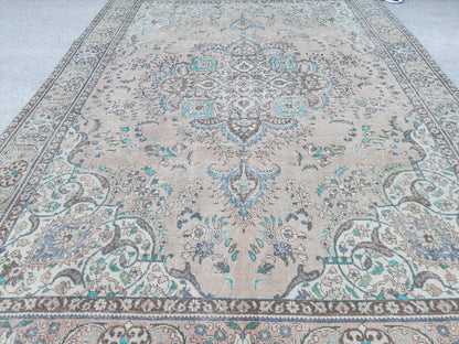 Vintage Neutral Area Rug 9x13: Persian Medallion Design, Brown and Green