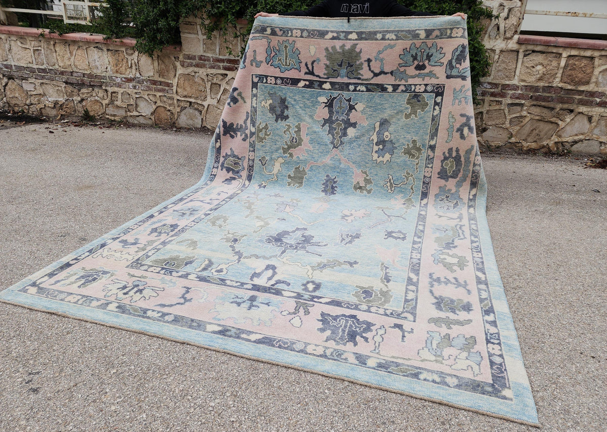 Handwoven Oushak Rug 8x10: Up Cycled Wool Carpet, Pastel Blue & Pink