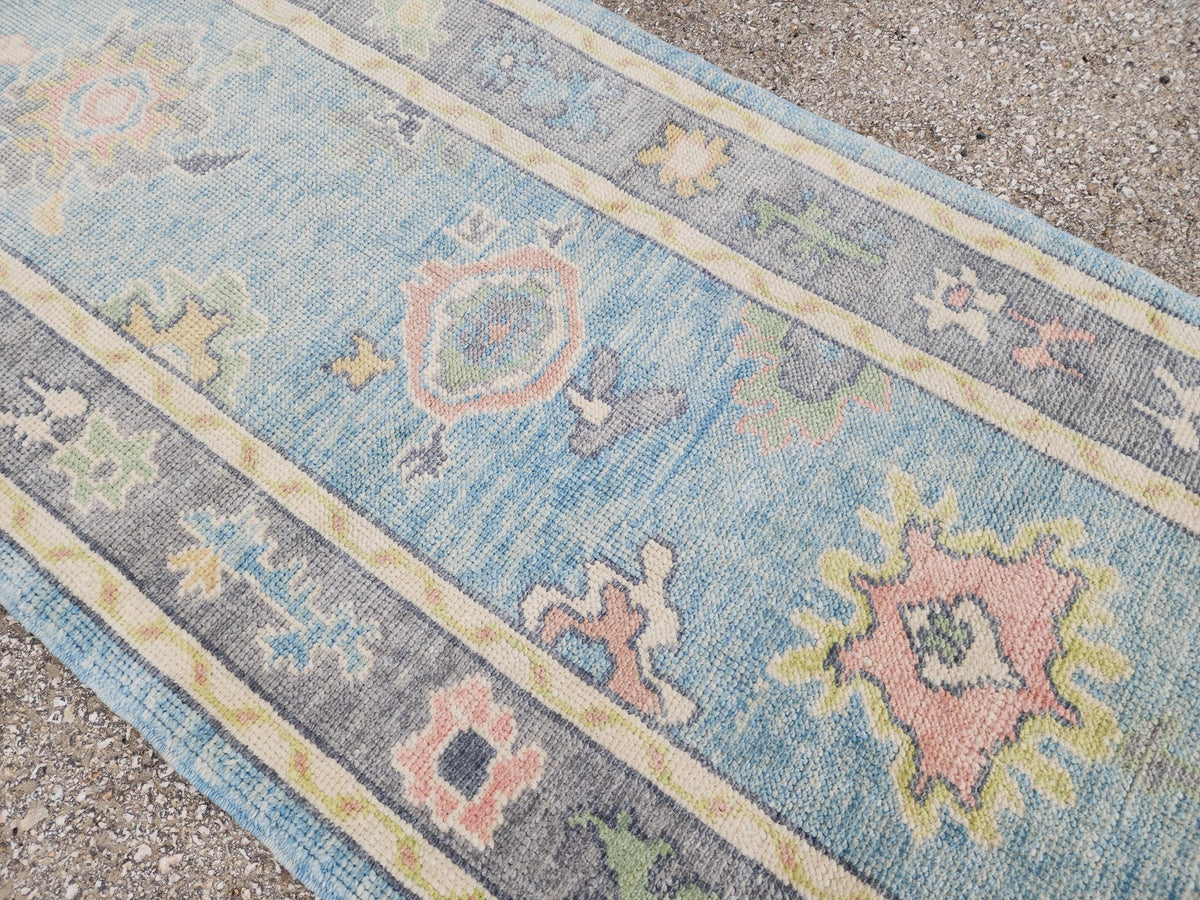 3x10 Handwoven Oushak Wool Runner Rug: Pastel Blue Floral Hallway Rug, Home Rustic Decor