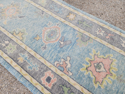 3x10 Handwoven Oushak Wool Runner Rug: Pastel Blue Floral Hallway Rug, Home Rustic Decor