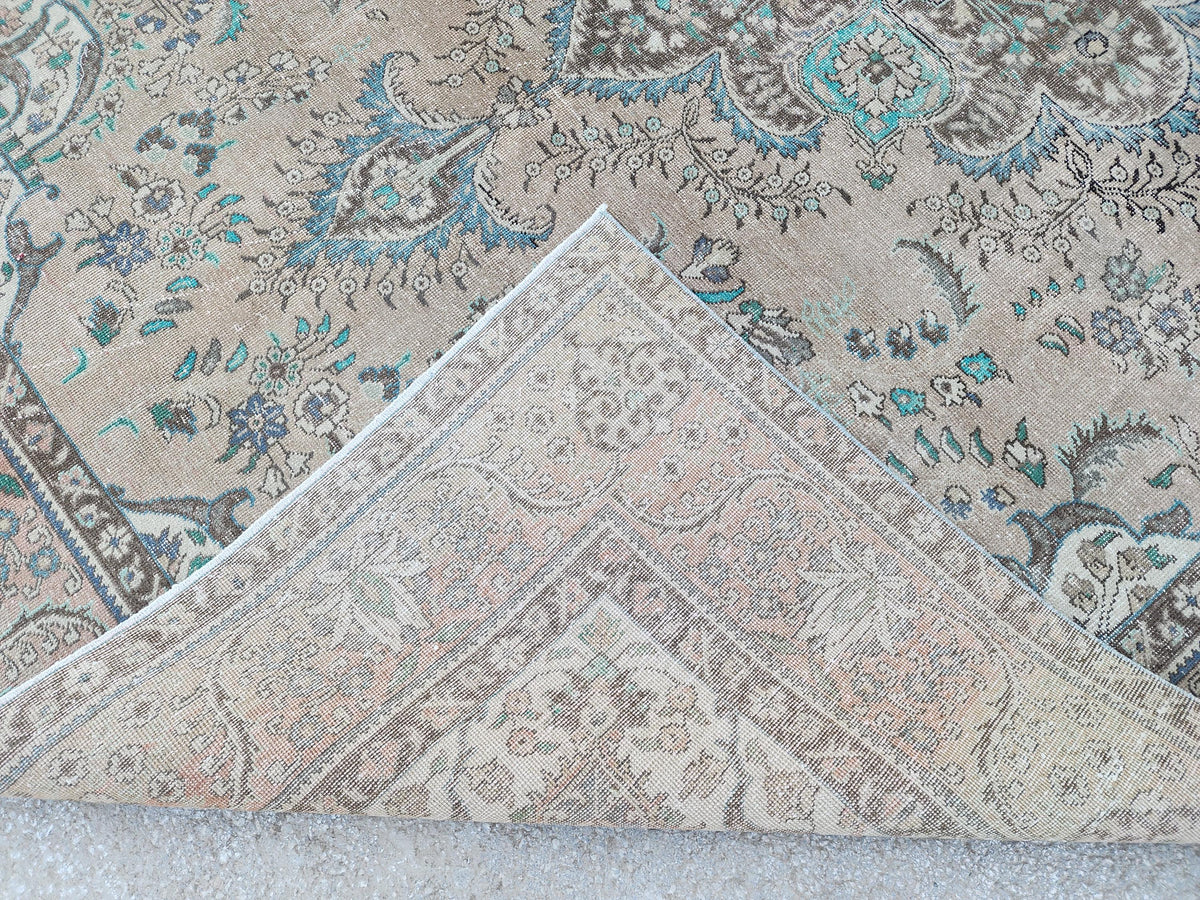 Vintage Neutral Area Rug 9x13: Persian Medallion Design, Brown and Green