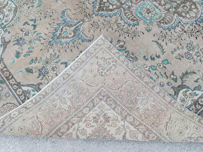 Vintage Neutral Area Rug 9x13: Persian Medallion Design, Brown and Green