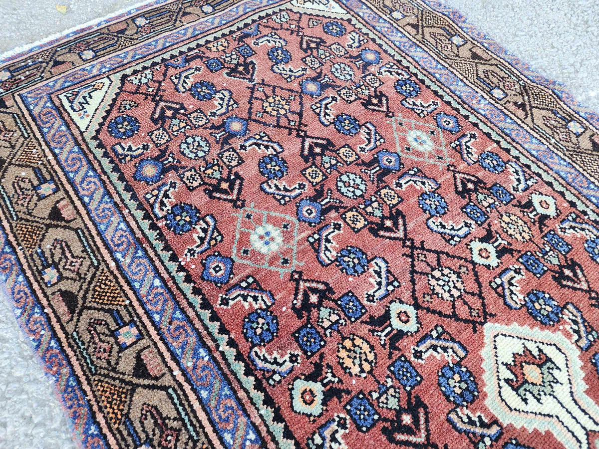 Antique Rustic Runner Rug 3x9: Hand Knotted, Persian Medallion Design