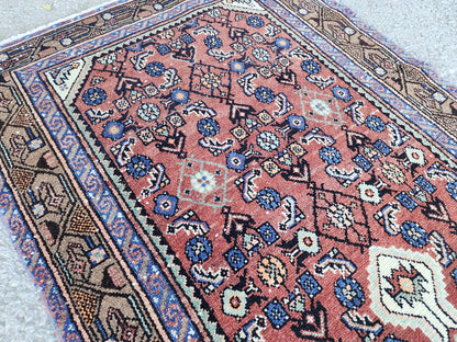 Antique Rustic Runner Rug 3x9: Hand Knotted, Persian Medallion Design