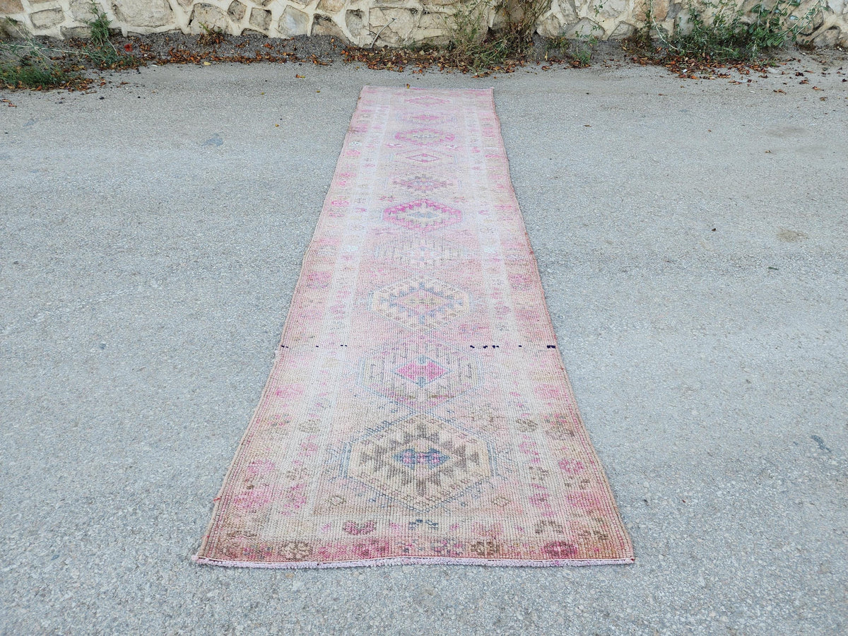 Turkish Runner Rug 2.7x11.2 ft, Soft Wool Pink Color, Hallway Rustic Decor