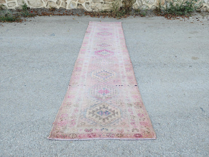 Turkish Runner Rug 2.7x11.2 ft, Soft Wool Pink Color, Hallway Rustic Decor