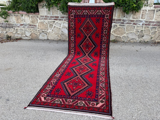 3x10 Vintage Runner Rug, Wool Hand Made, Black And Red, Hallway Red Decor