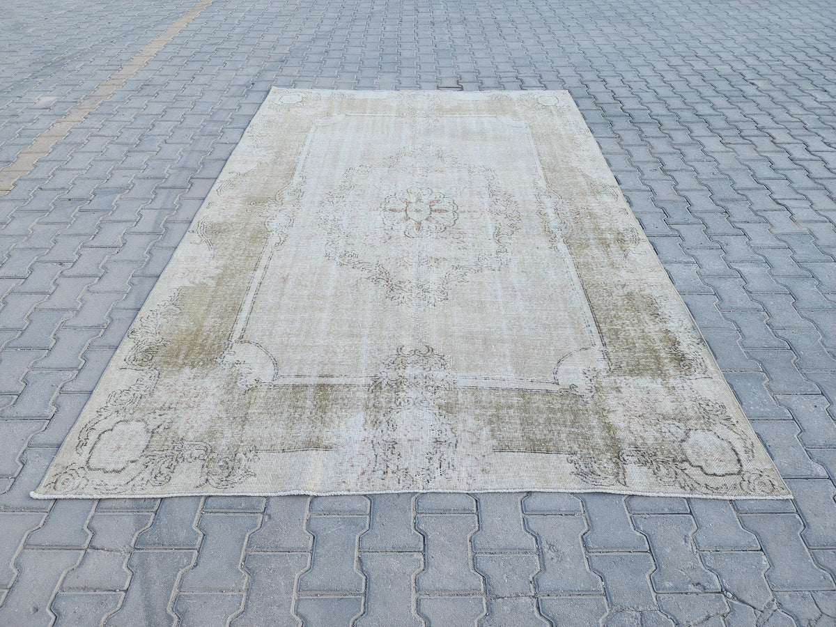 Neutral Oushak Rug 7x10: Green Faded Handwoven Area Rug