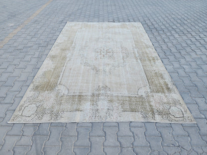Neutral Oushak Rug 7x10: Green Faded Handwoven Area Rug