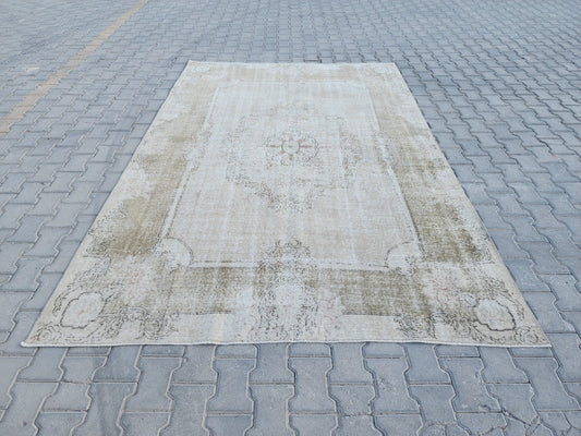 Neutral Oushak Rug 7x10: Green Faded Handwoven Area Rug
