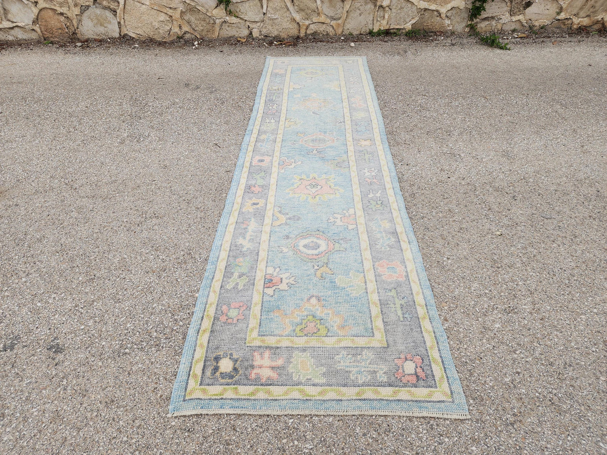3x10 Handwoven Oushak Wool Runner Rug: Pastel Blue Floral Hallway Rug, Home Rustic Decor