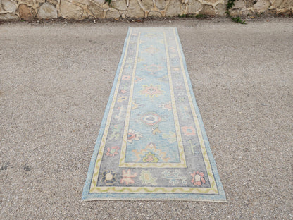 3x10 Handwoven Oushak Wool Runner Rug: Pastel Blue Floral Hallway Rug, Home Rustic Decor