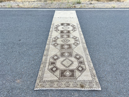 Vintage Turkish Wool Runner Rug: 3x13 Brown Oriental Rug