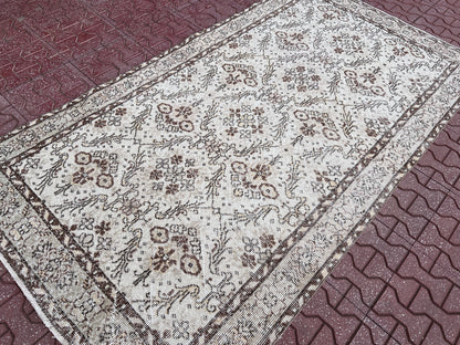4x7 Handwoven Turkish Oushak Rug: Neutral Gray Wool & Cotton