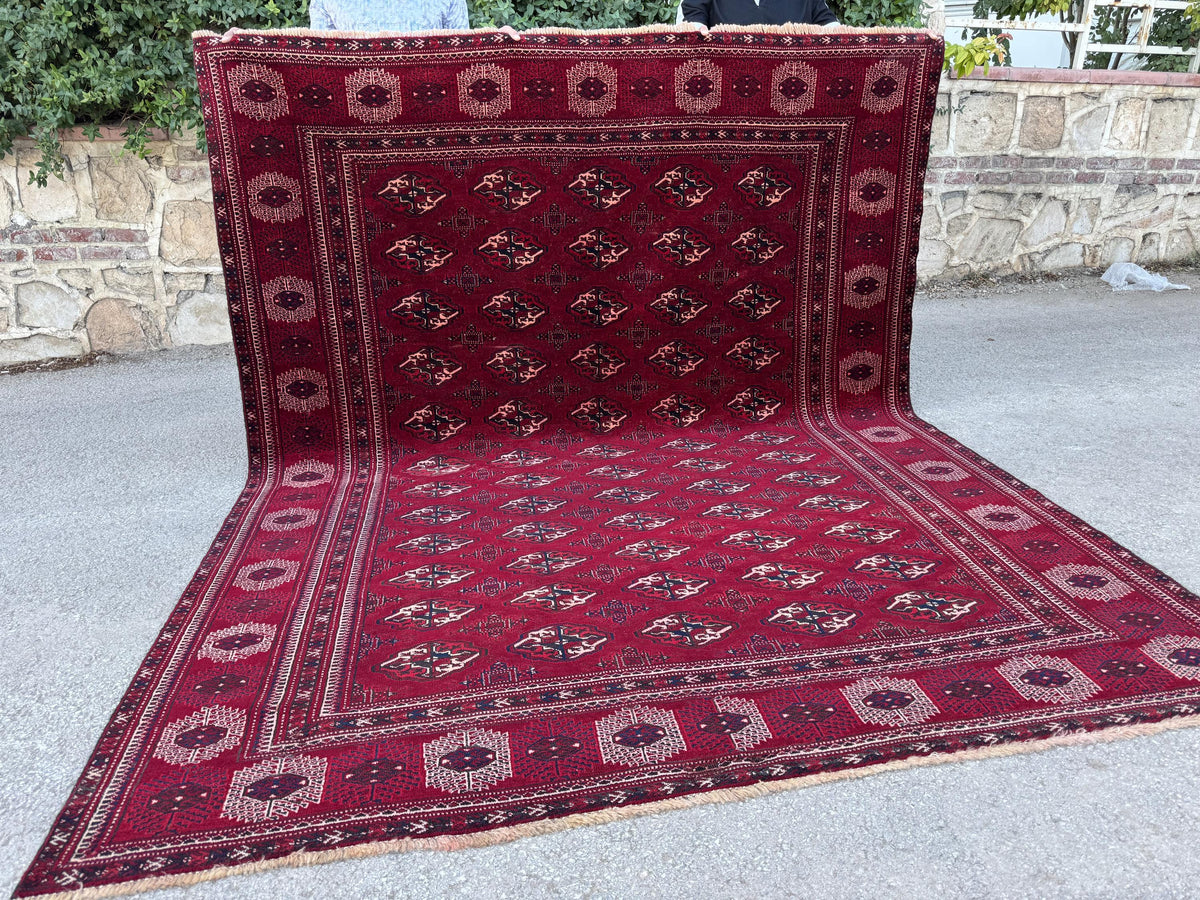 7x9 Handwoven Turkish Wool Rug: Vintage Red Accent Rug