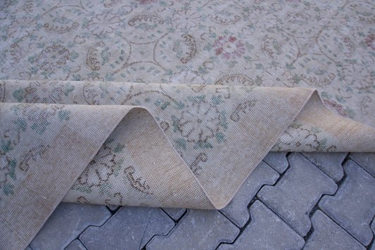 Vintage Turkish Rug 7x10: Handwoven Wool & Cotton, Oriental Neutral Carpet, Dining Room. Decor