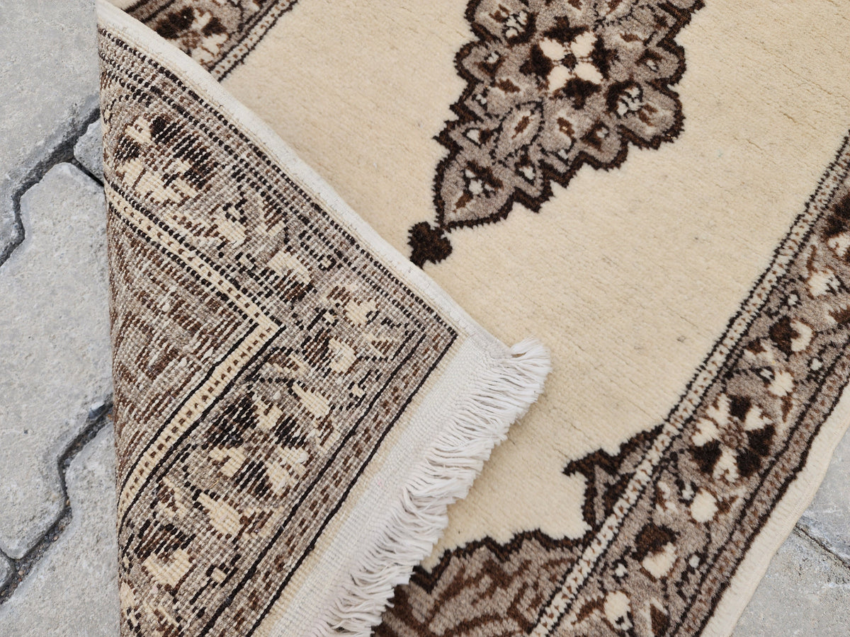 Vintage Turkish Oushak Rug 1x3: Beige Ottoman Wool Rug