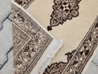 Vintage Turkish Oushak Rug 1x3: Beige Ottoman Wool Rug