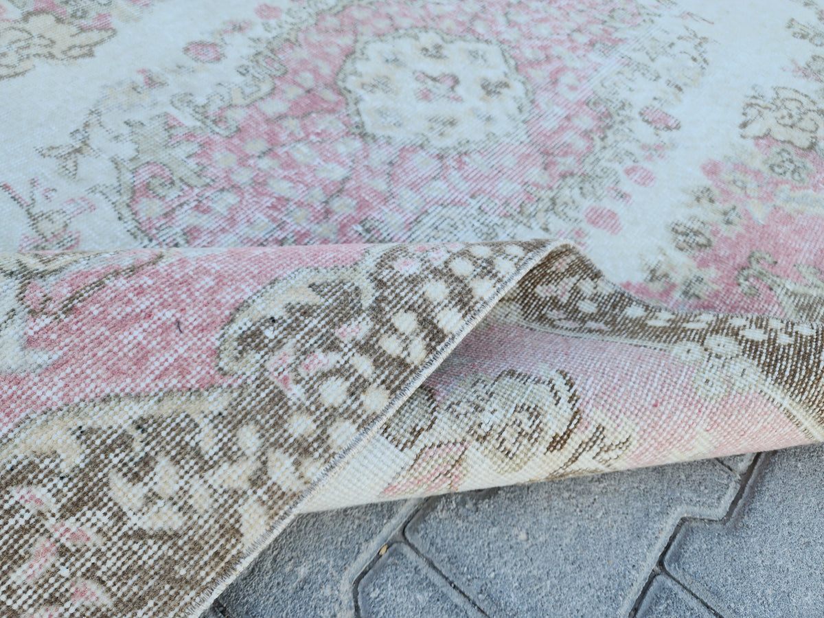 Handwoven Turkish Oushak Rug 4x7: Pink Rose Wool Rug