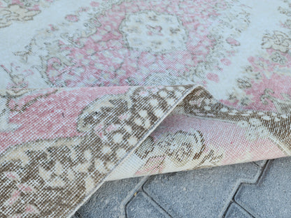 Handwoven Turkish Oushak Rug 4x7: Pink Rose Wool Rug