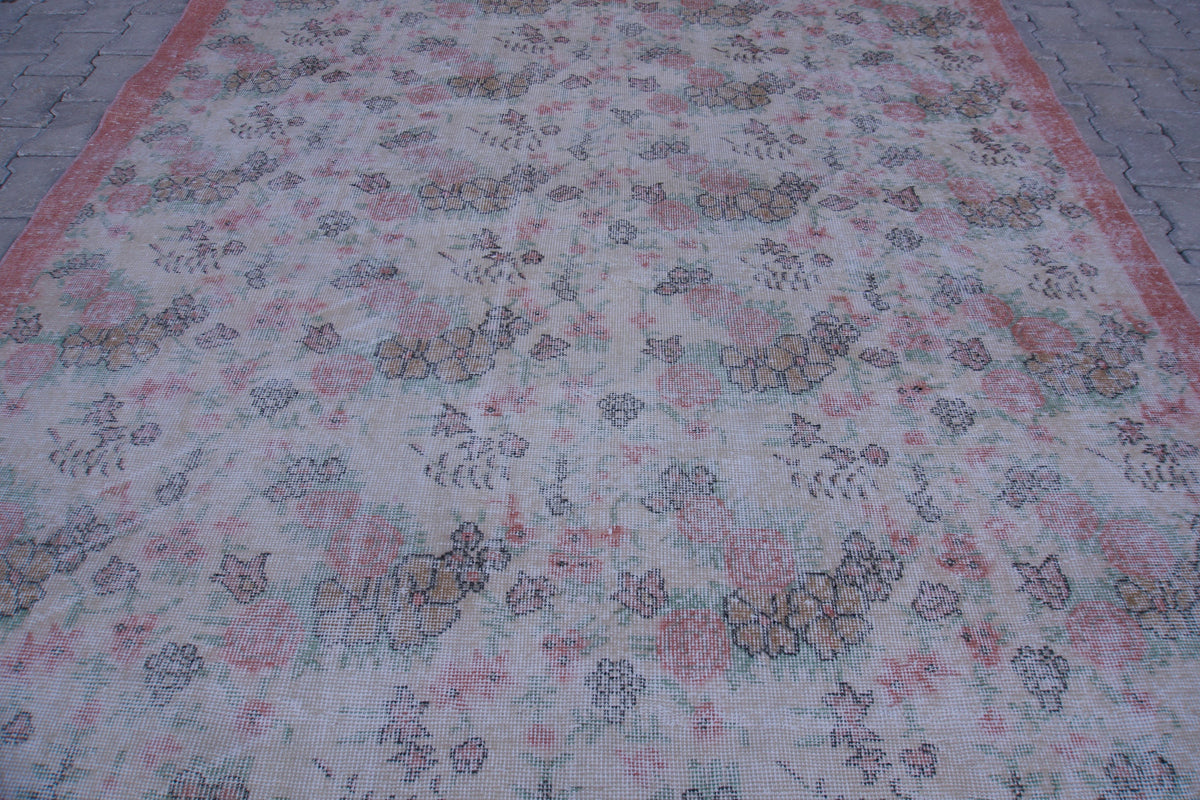 7x10 Neutral Rug, Hand Woven Beige and Faded Red Wool, Living Room Decor