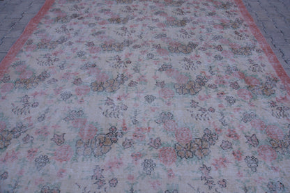 7x10 Neutral Rug, Hand Woven Beige and Faded Red Wool, Living Room Decor
