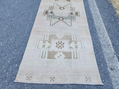 3x14 Neutral Long Runner Rug, Turkish Malatya Hand Made Wool, Beige Geometric Design