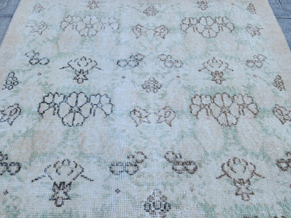 Handwoven Turkish Oushak Rug 4x6: Green Wool & Cotton Vintage Rug